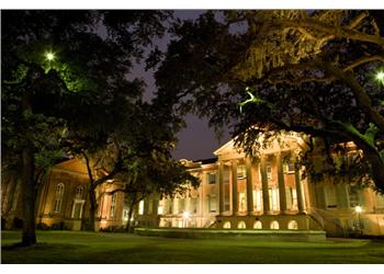 illuminated building facade at night with trees