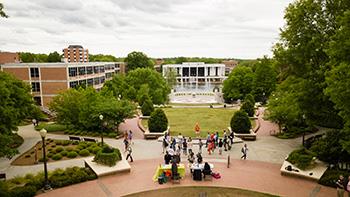 aerial view of university campus and central courtyard