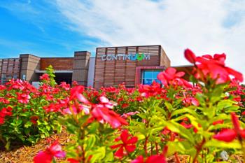 building with 'continuum' sign and colorful flowers