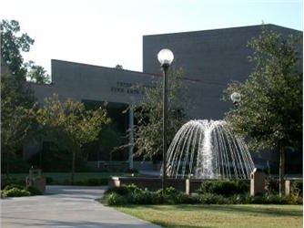 fountain in front of a campus building