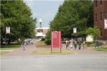 students walking by a campus signboard on a sunny day